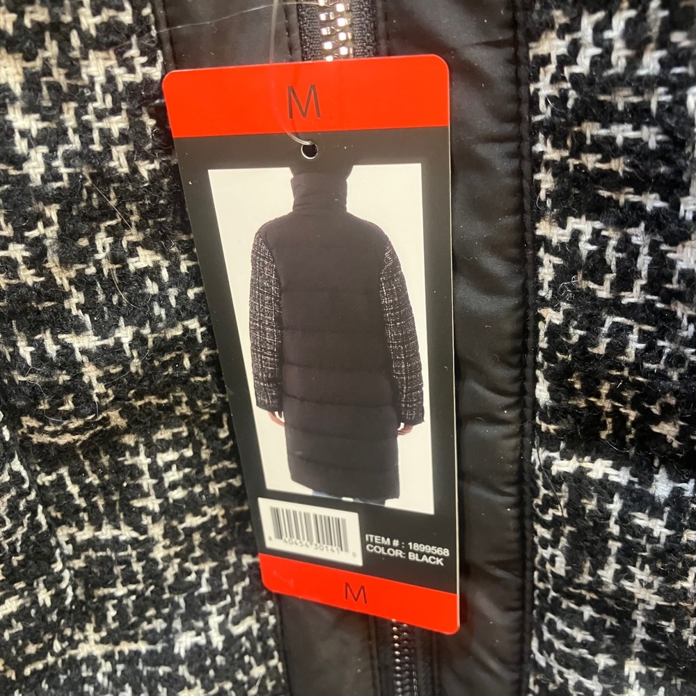 Bernardo Womens Tweed Puffer Coat Black White Mixed Media Mid Length Parka M NEW - Picture 4 of 15